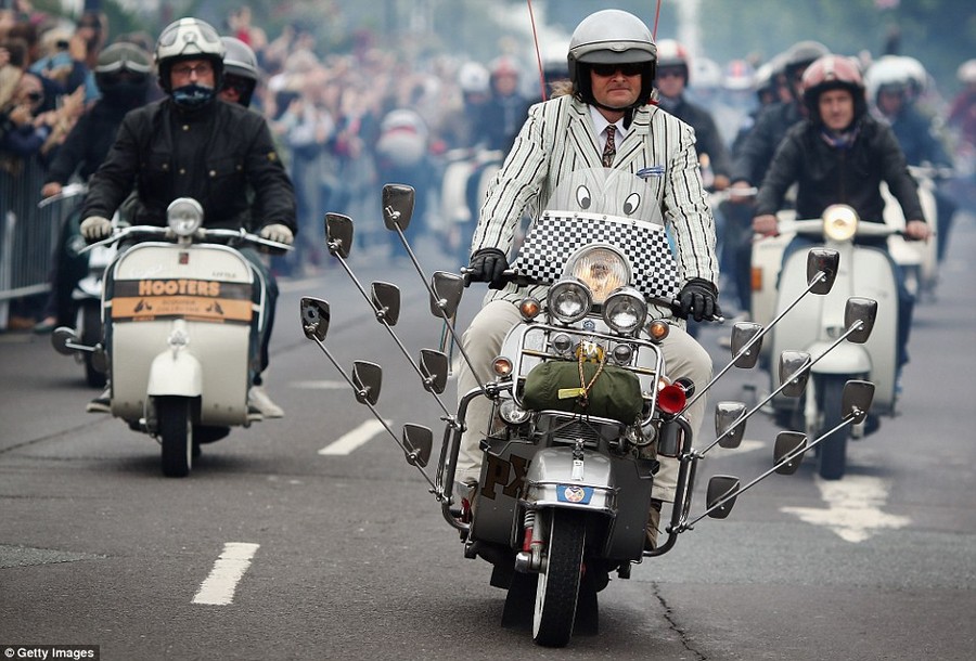 We are the mods: A rider channels his inner mod during the mass tour of the Isle on Sunday 