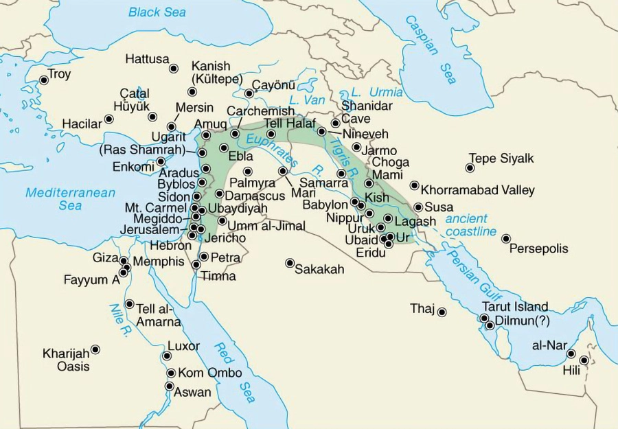 Карта Плодородного полумесяца (обозначен зелёным цветом). Шумерские армии совершали походы даже за пределы этой колыбели цивилизации 