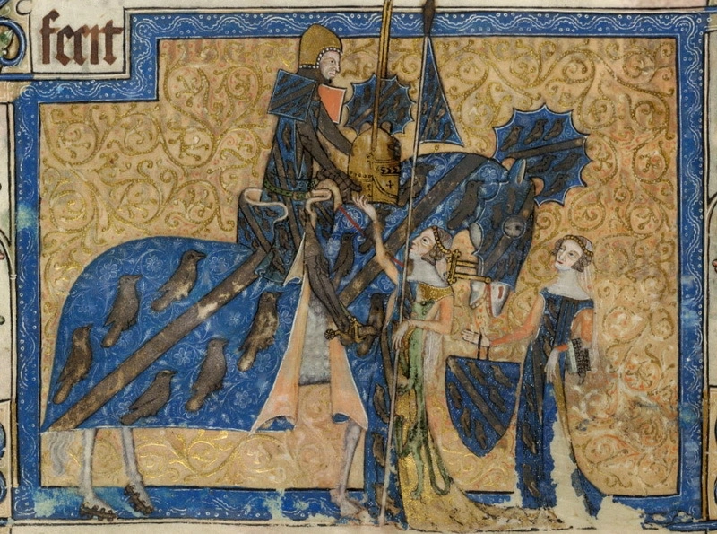 Сэр Джеффри Латтрелл прощается перед турниром с женой и невесткой. Псалтырь Латтрелла, 1335–1340 годы. Библиотека Британского музея, Лондон.