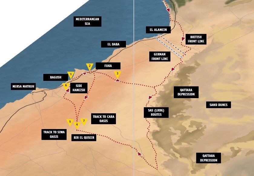 Схема атаки аэродрома Сиди-Ханеш: 1 — атака аэродрома Багуш (7 июля); 2 — атака аэродрома Фука; 3 — поездка майора Стерлинга в Каир (16 июля); 4 — Стерлинг с группой прибывает в Бир-эль-Кусейр; 5 — репетиция штурма аэродрома (25 июля); 6 — атака аэродрома Сиди-Ханеш (27 июля); 7 — возвращение групп SAS на базу (27-29 июля).