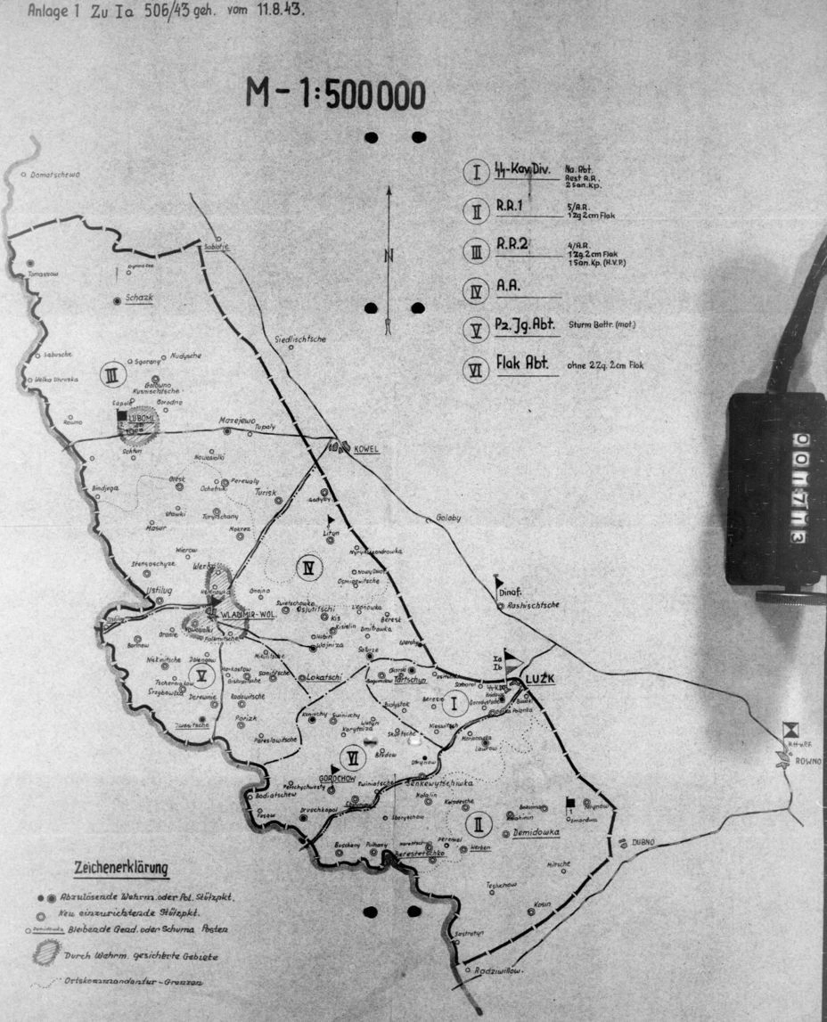 Карта от 11 августа 1943 года, на которой отмечены потенциальные места дислокации кавалерийской дивизии СС на Волыни. В действительности далеко не все части дивизии достигли места назначения. Национальный архив США.