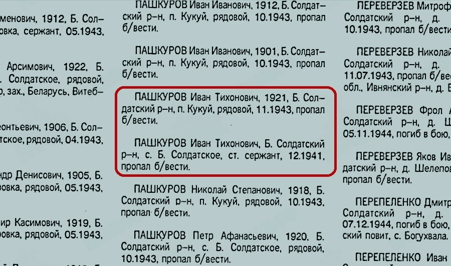 Фрагмент Книги памяти Курской области с дублированной записью