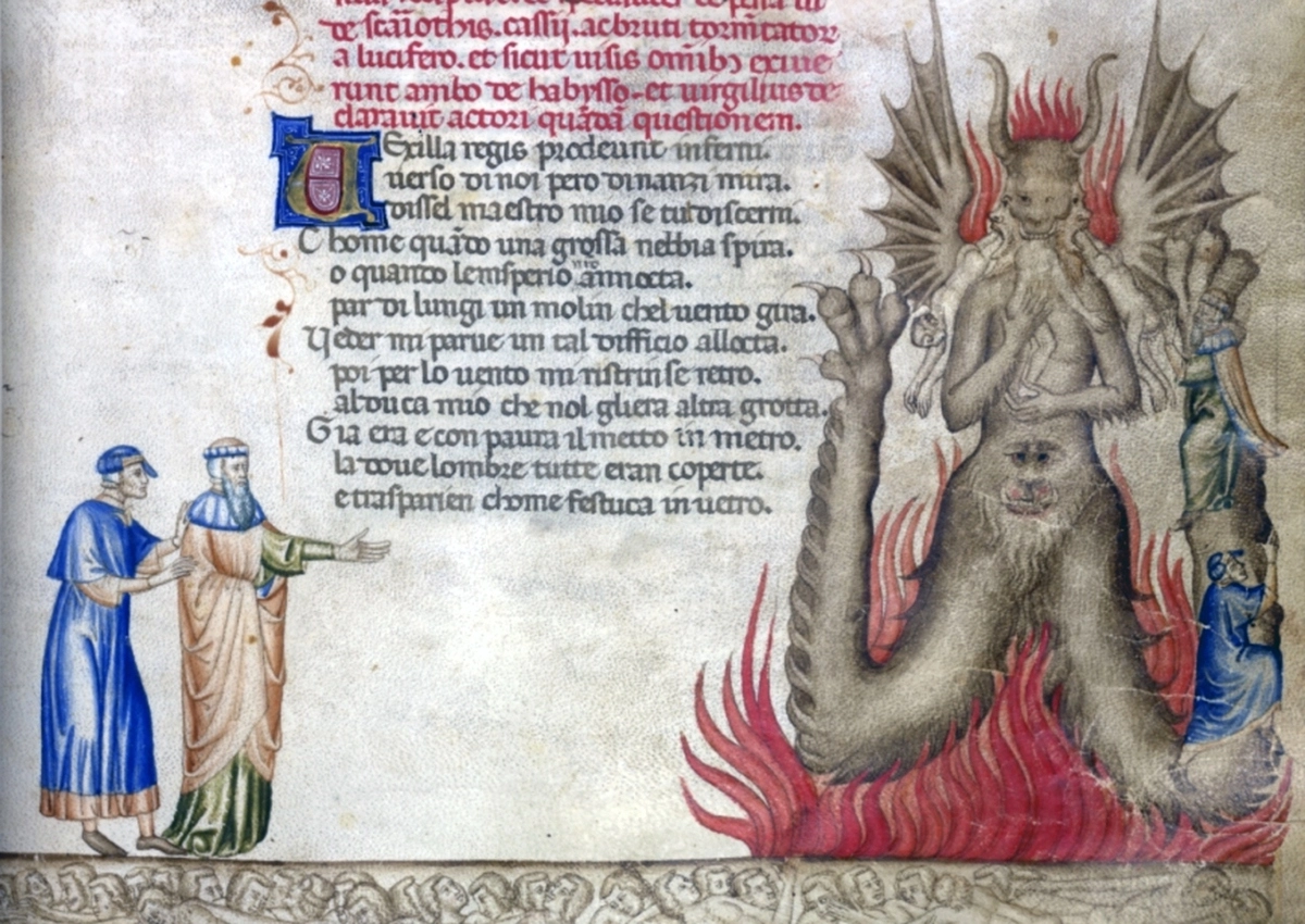 Данте и Вергилий наблюдают, как сатана проглатывает свой жертв, средневековый манускрипт