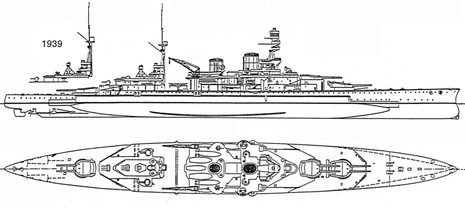Линейный крейсер «Рипалс» в 1936-1939 годах Raven, J. Roberts. British Battleships of WWII. Arms & Armour Press, 1976