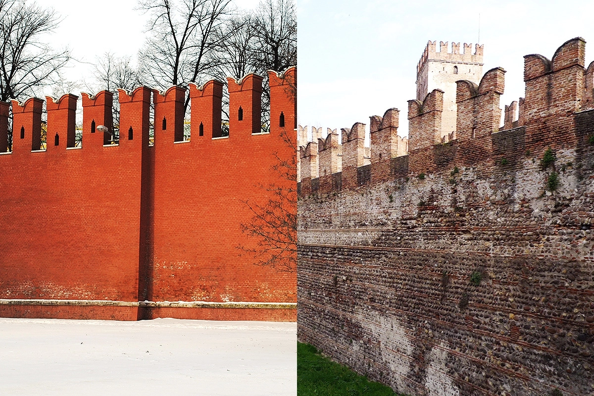 Кремлевская стена и стена замка Кастельвеккьо в Вероне.