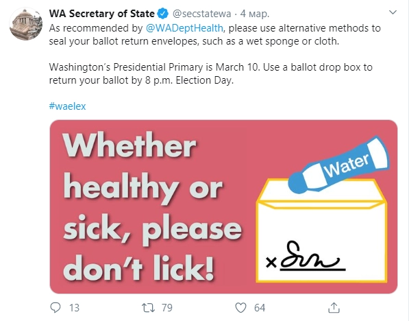 "Департамент здравоохранения рекомендует заклеивать конверты с вашими бюллетенями для голосования без использования слюны - например, смочив их губкой или тряпкой