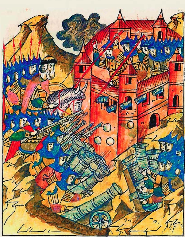 Русские пищальники во время осады Смоленска в 1513–1514 г.г. Миниатюра из 18-го тома Лицевого свода