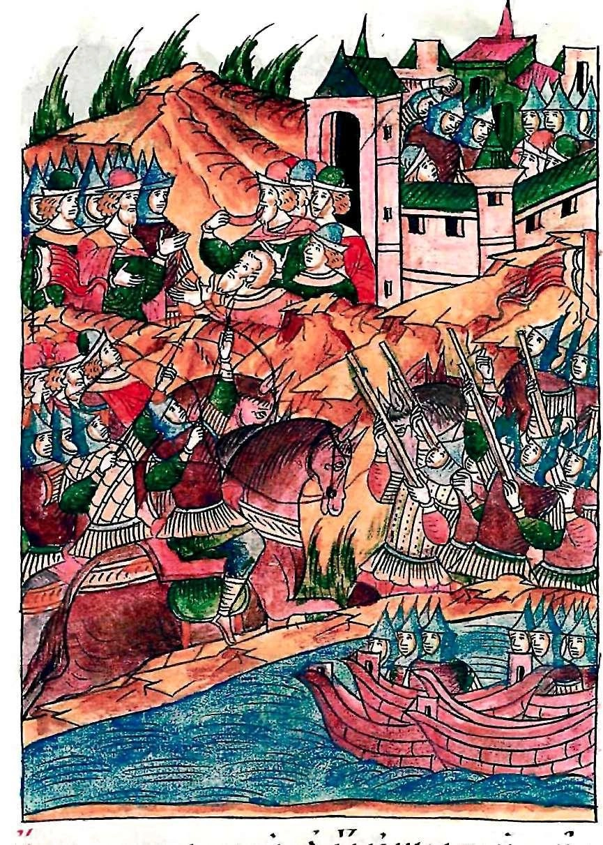 Русские пищальники во время осады Казани в 1524 г. Миниатюра из 18-го тома Лицевого свода