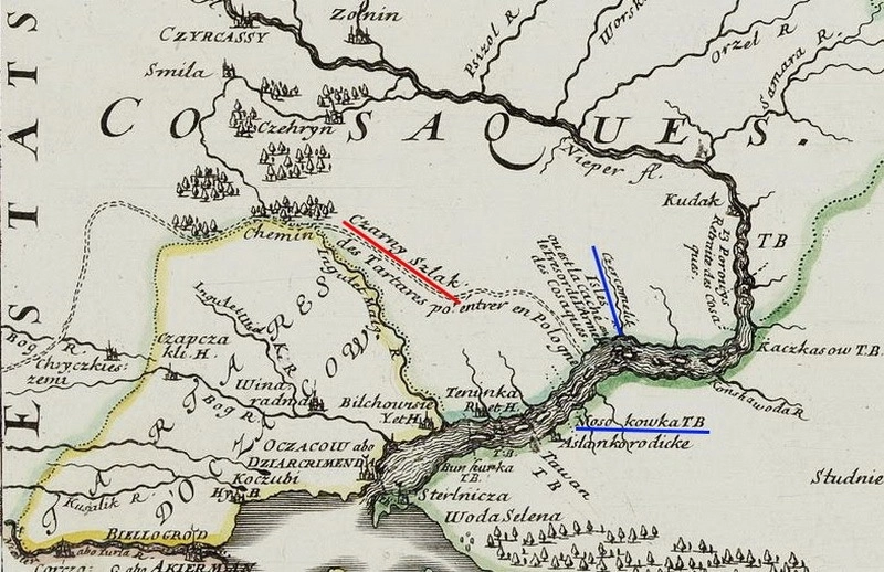 Таваньская переправа через Днепр на французской карте 1665 года. 