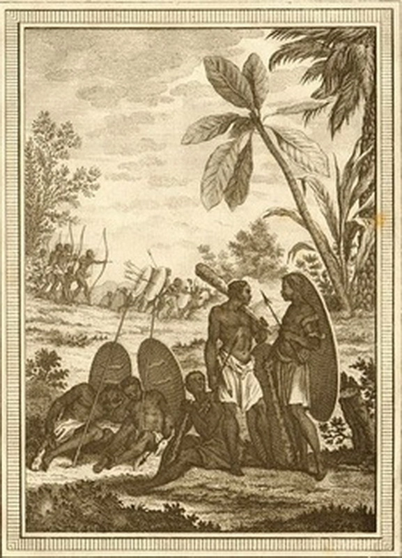 Представители яга с традиционной одеждой и оружием в руках. Офорт, 1748 год. 