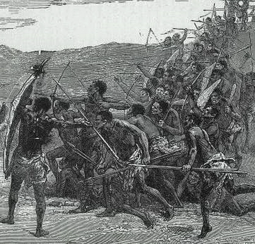 Солдаты Конго. Рисунок XIX века изображает лучников и метателей дротиков, составлявших основу армии королевства Конго в XVI веке. 