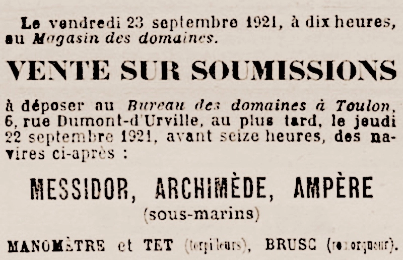 Объявление от 1921 года о выставлении «Архимеда» на торги вместе лодками «Мессидор» (Messidor), «Ампер» (Ampère) и двумя миноносцами