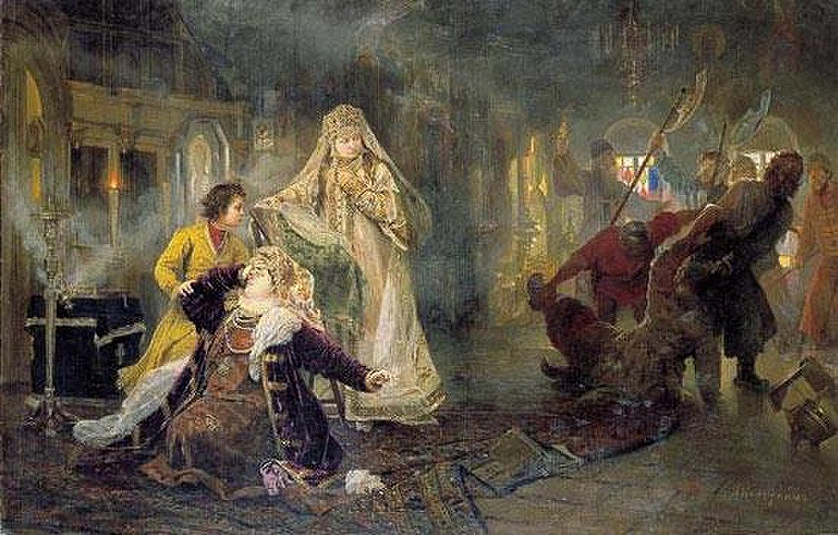 Мятеж стрельцов в 1682. Стрельцы выволакивают из дворца Ивана Нарышкина. Пока Пётр I утешает мать, царевна Софья наблюдает с удовлетворением. 