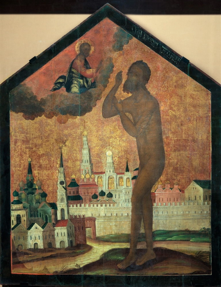 Икона «Святой Василий Блаженный на фоне Покровского собора». XVIII в.