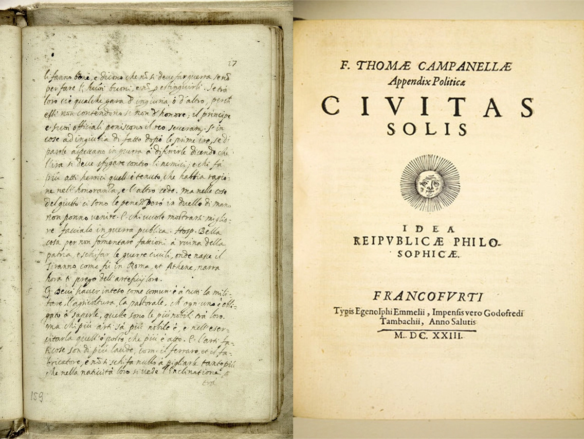 Страница из итальянской рукописи «Города Солнца» и Титульный лист первого издания «Города Солнца» 1623 года