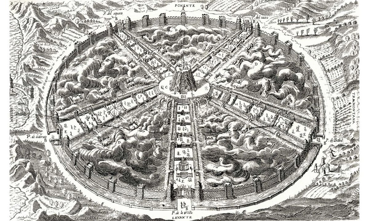 Иллюстрация из книги Civitas veri sive morvm 1609 года, ошибочно используемая как наглядное изображение «Города Солнца»