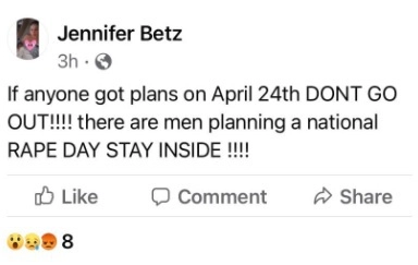 Если у вас есть какие-то планы на 24 апреля, НЕ ВЫХОДИТЕ НА УЛИЦУ!!! Мужчины планируют общенациональный ДЕНЬ ИЗНАСИЛОВАНИЙ! ОСТАВАЙТЕСЬ ДОМА!