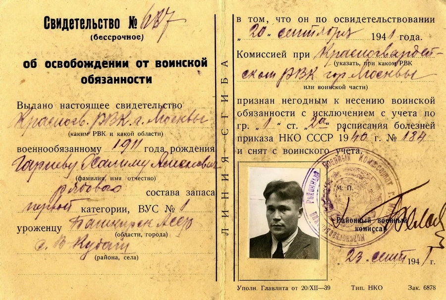 Поддельный «белый билет» об освобождении от военной службы радиста Северной группы «Ульма» Халима Гареева